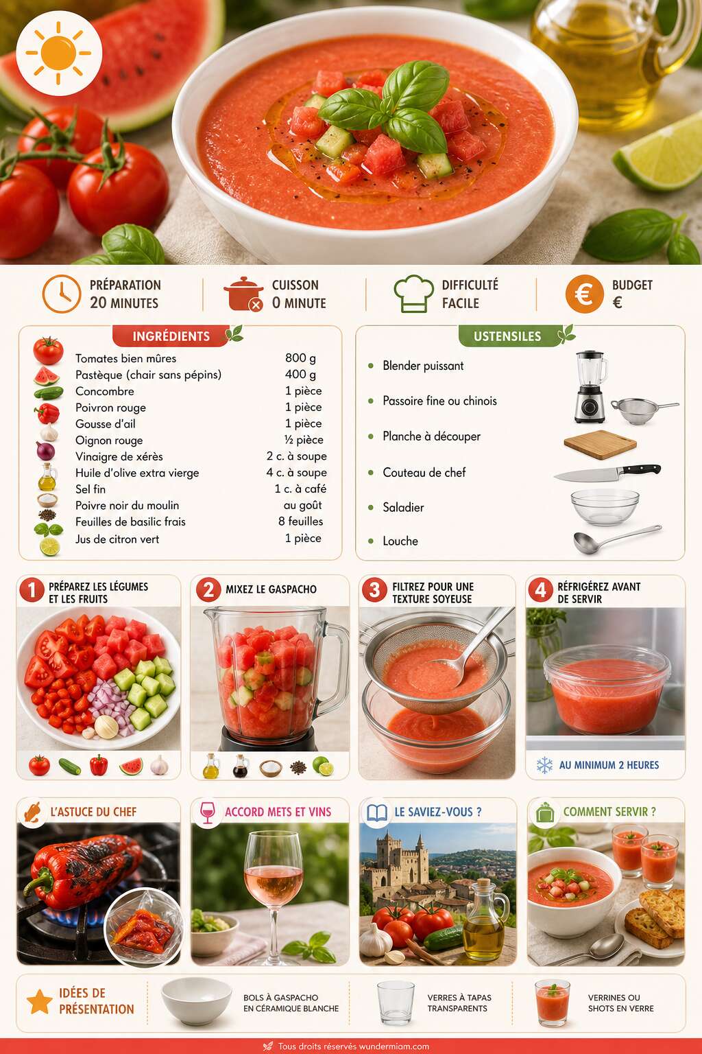 Fiche recette Recette de gaspacho &agrave; la tomate et past&egrave;que : frais et savoureux