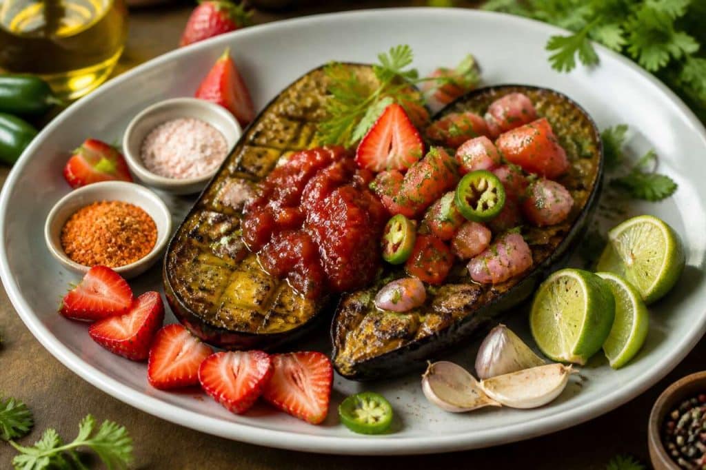 Recette d'aubergine fumée au barbecue avec chutney de fraises et pico de gallo