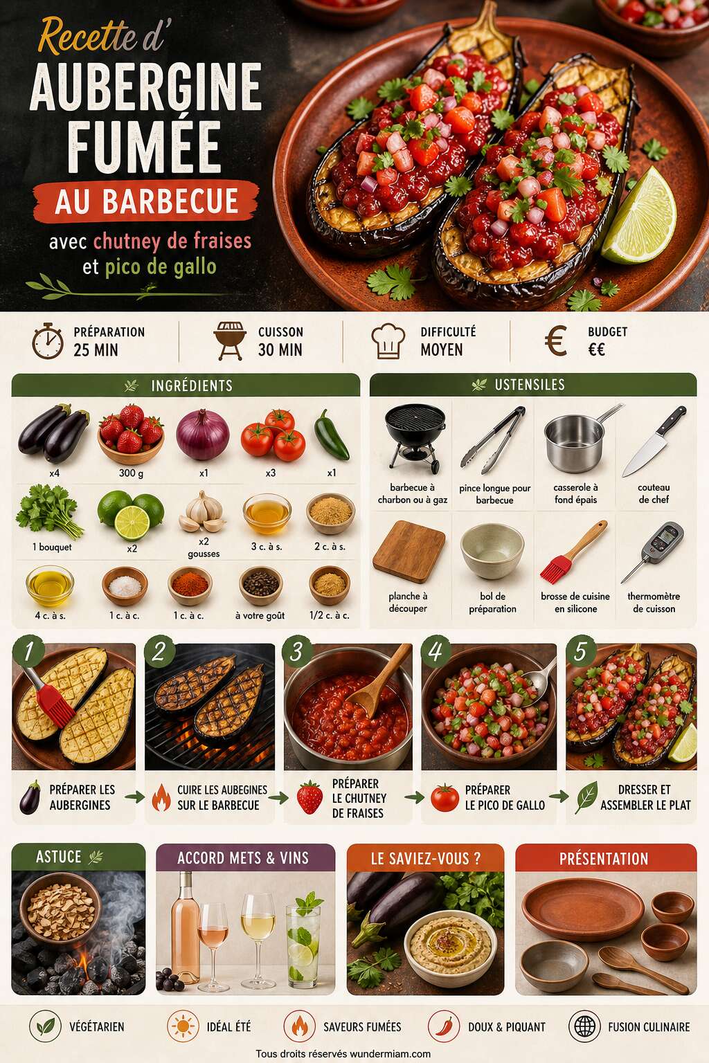 Fiche recette Recette d'aubergine fum&eacute;e au barbecue avec chutney de fraises et pico de gallo