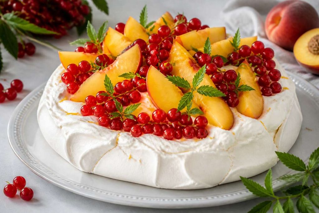 Recette de pavlova aux groseilles, pêches et verveine citronnelle