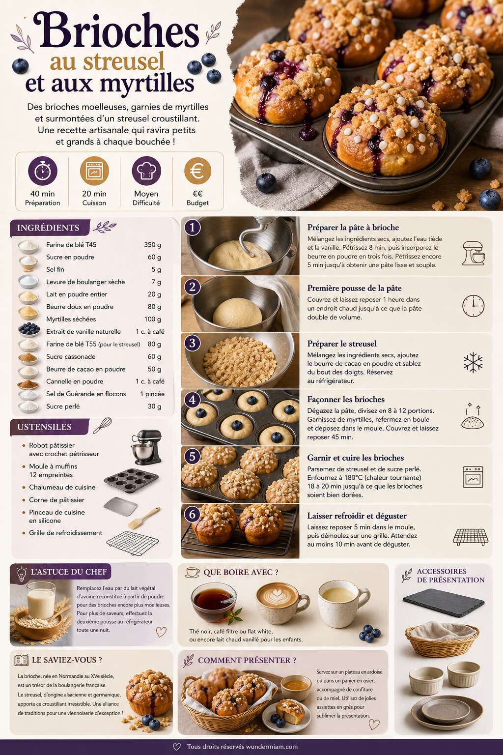 Fiche recette Recette de brioches au streusel et aux myrtilles