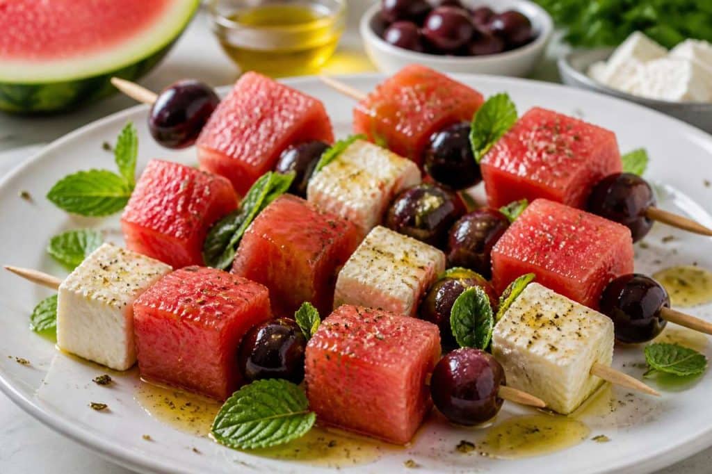 Recette de pastèque à la grecque en brochettes