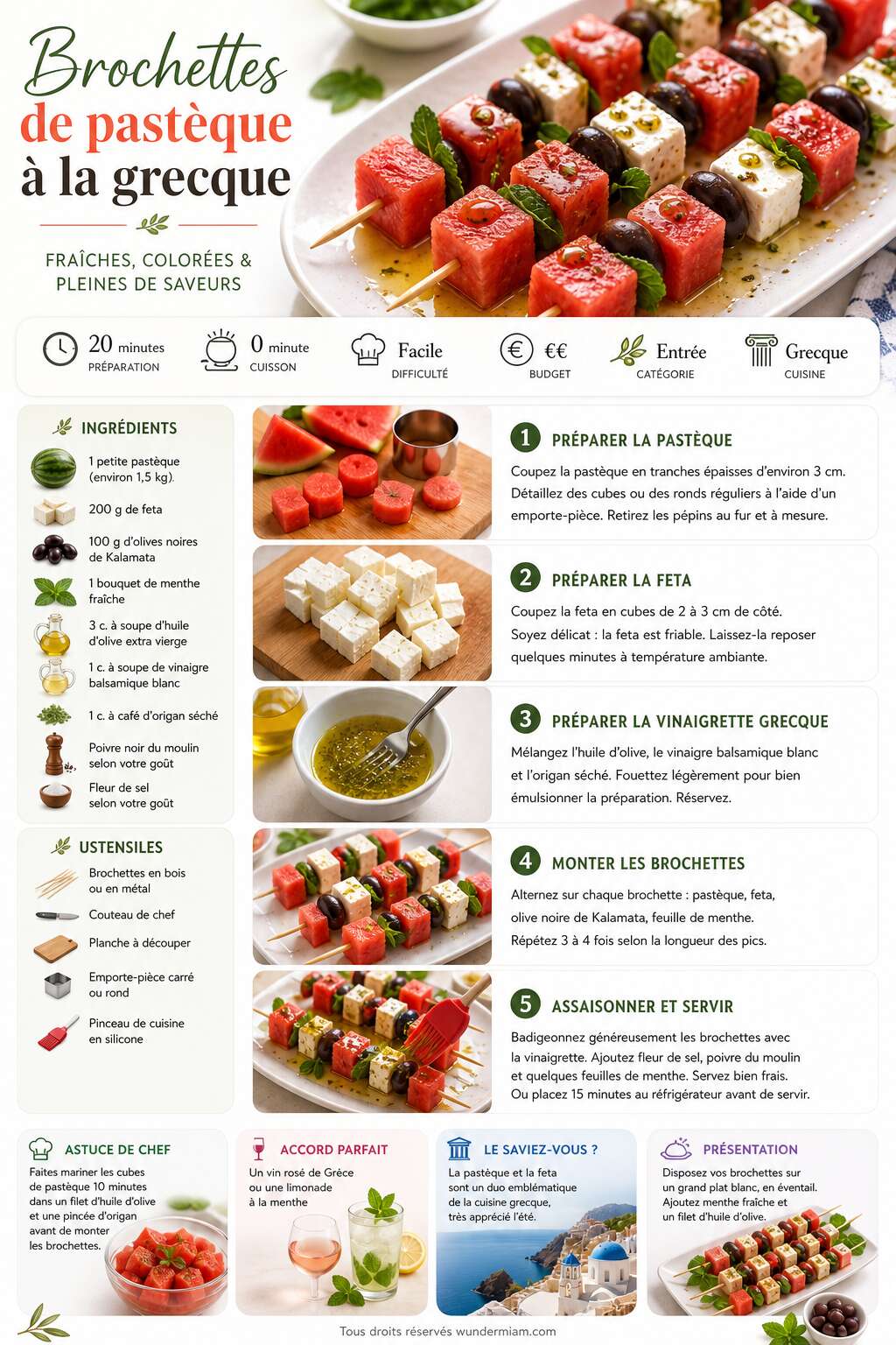 Fiche recette Recette de pastèque à la grecque en brochettes Fiche recette Recette de pastèque à la grecque en brochettes
