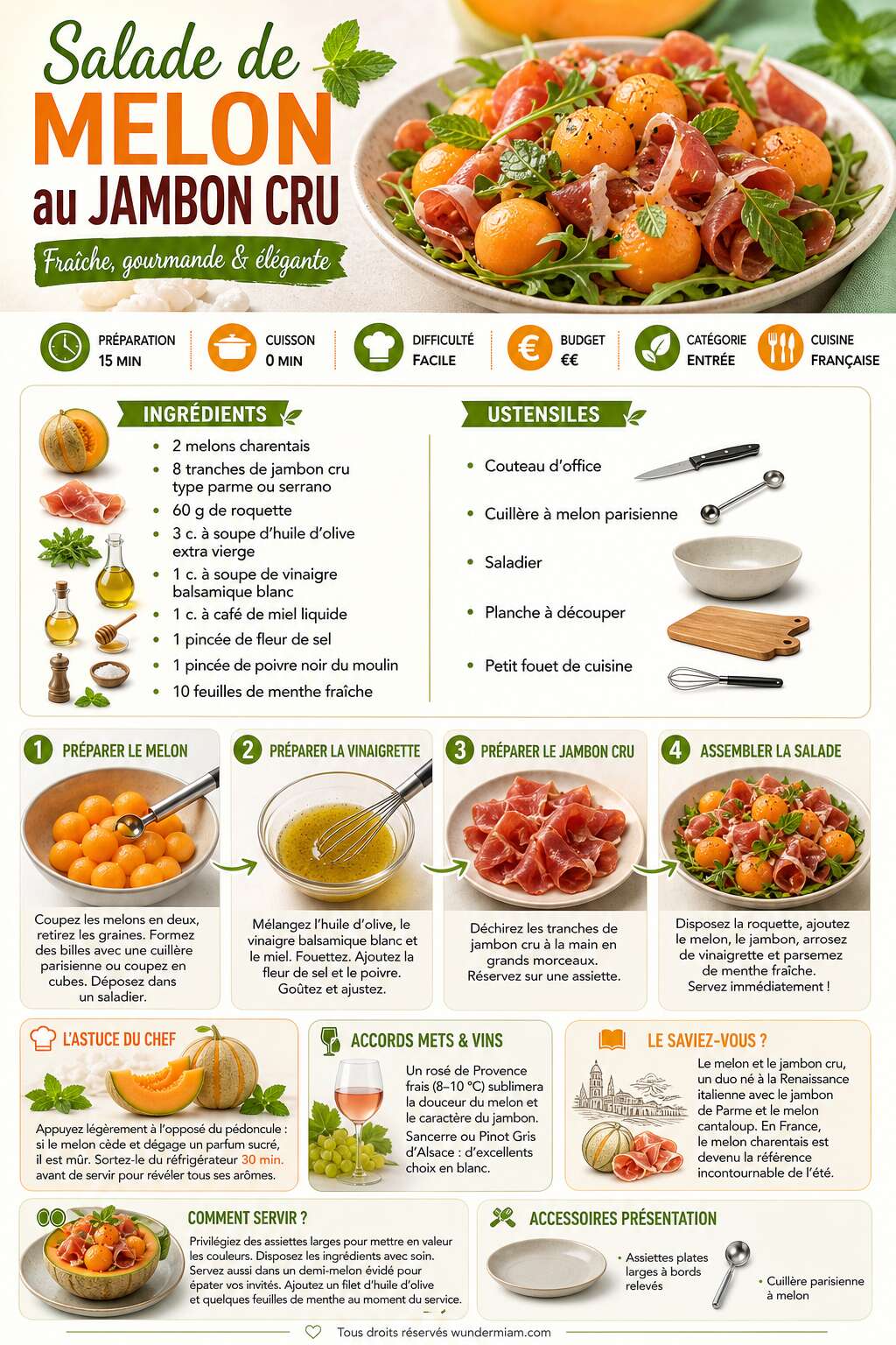 Fiche recette Recette de salade de melon au jambon cru fra&icirc;che et gourmande