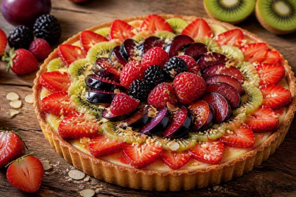 Recette de tarte aux fruits de saison : fraise, kiwi, prune, mûre et framboise