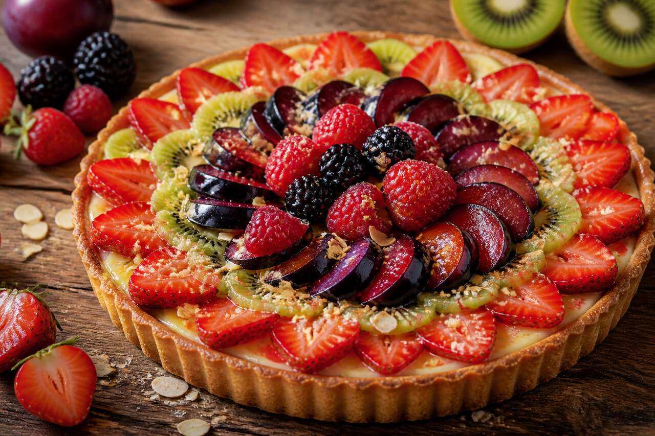 Recette de tarte aux fruits de saison : fraise, kiwi, prune, mûre et framboise