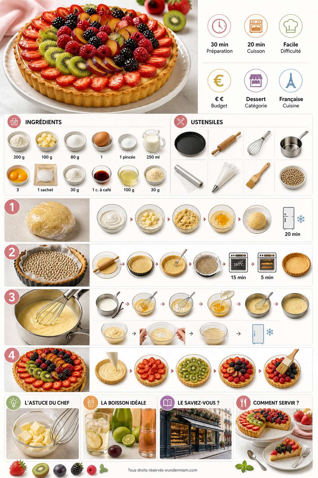 Fiche recette Recette de tarte aux fruits de saison : fraise, kiwi, prune, m&ucirc;re et framboise