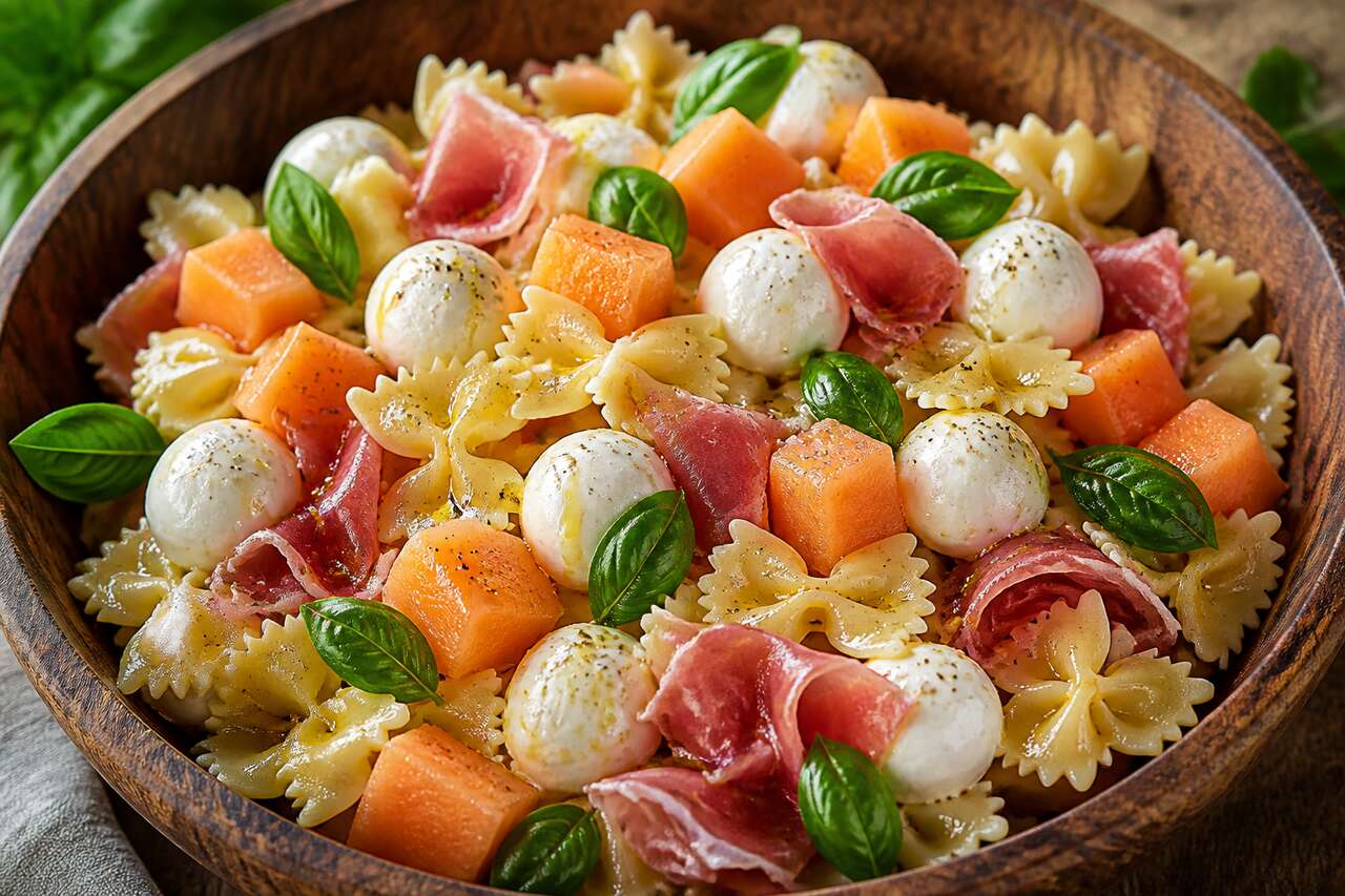 Recette de salade de pâtes au melon et à la mozzarella