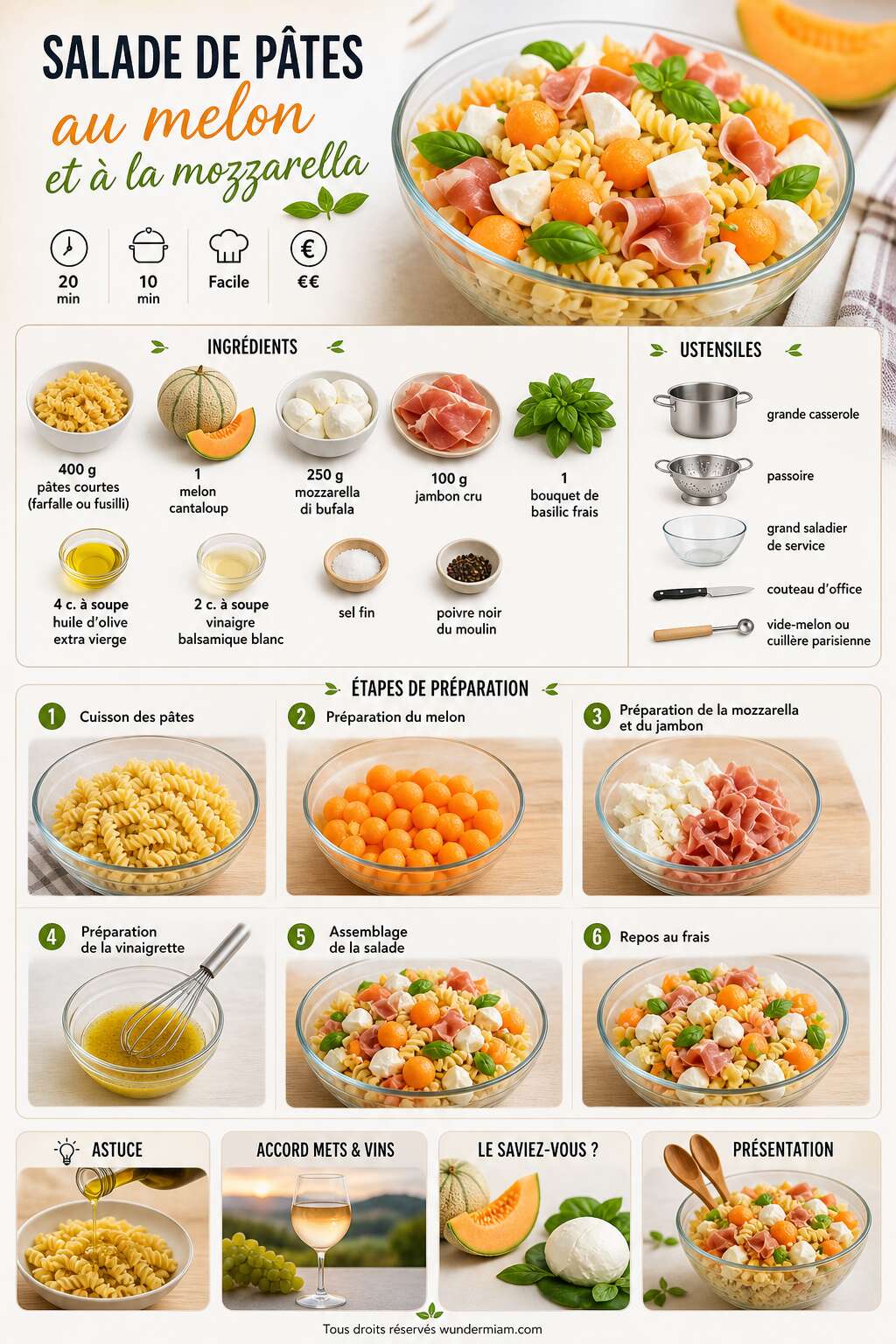 Fiche recette Recette de salade de p&acirc;tes au melon et &agrave; la mozzarella