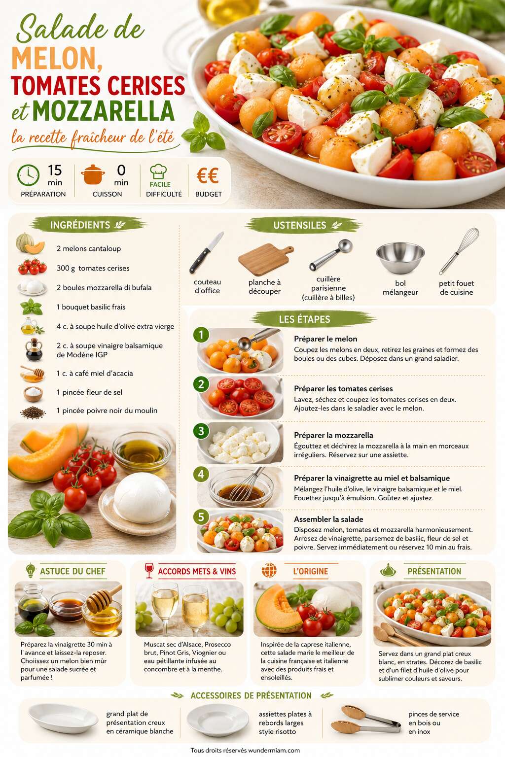 Fiche recette Salade de melon, tomates cerises et mozzarella : la recette fra&icirc;cheur de l'&eacute;t&eacute;