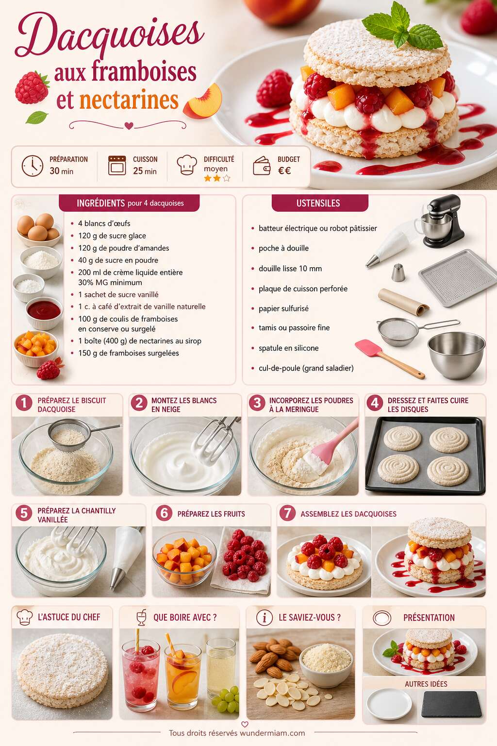 Fiche recette Recette de dacquoises aux framboises et nectarines Fiche recette Recette de dacquoises aux framboises et nectarines