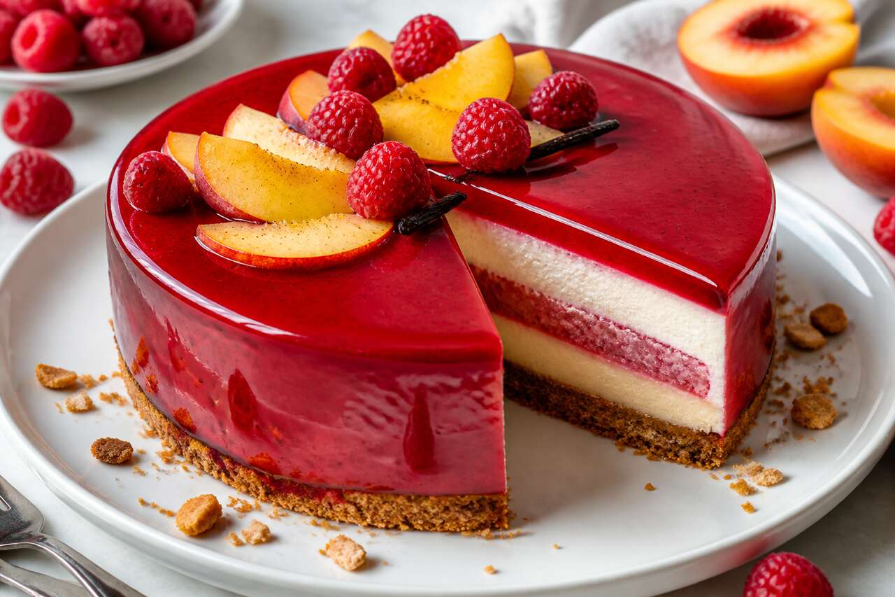 Recette d'entremets pêche Melba : pêche, framboise et vanille