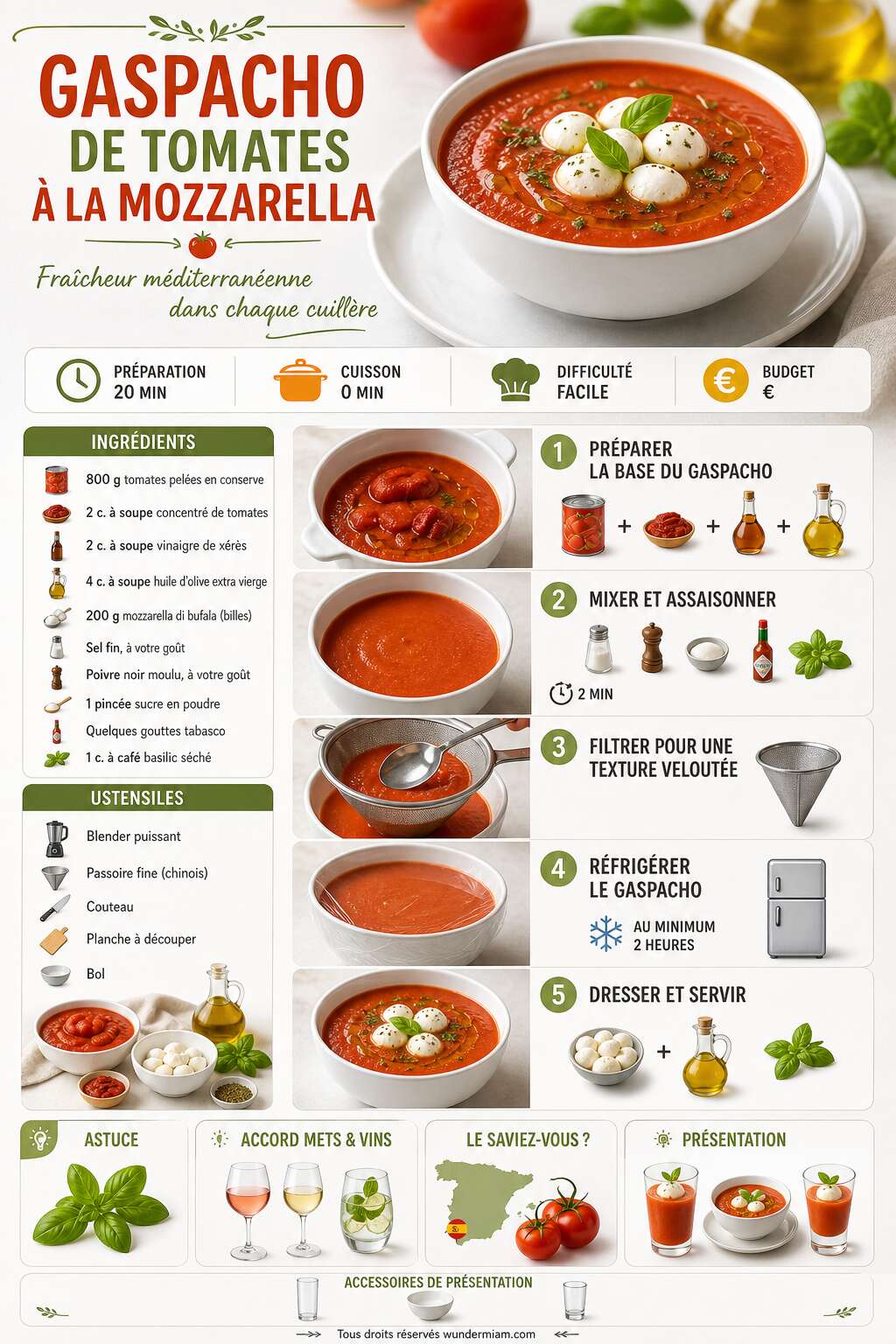 Fiche recette Recette de gaspacho de tomates &agrave; la mozzarella