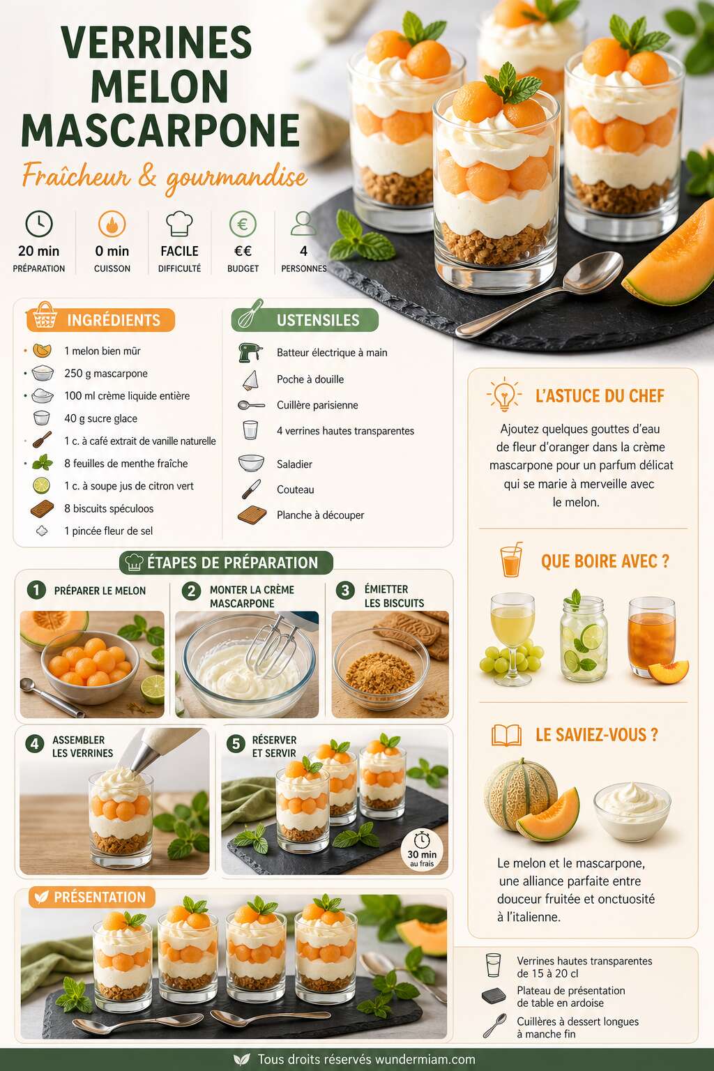 Fiche recette Recette de verrines melon mascarpone : fraîcheur et gourmandise Fiche recette Recette de verrines melon mascarpone : fraîcheur et gourmandise