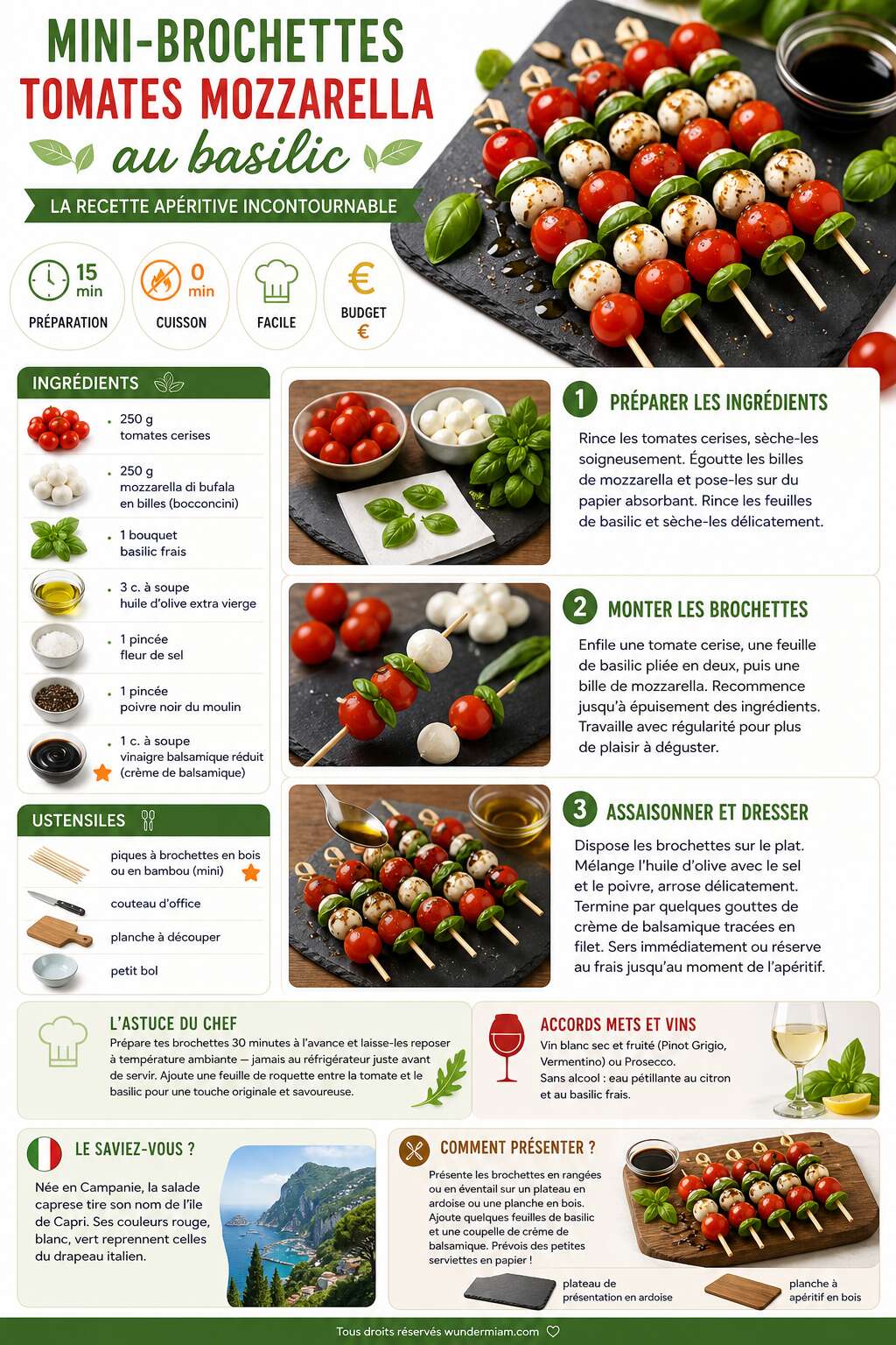 Fiche recette Mini-brochettes tomates mozzarella au basilic : la recette ap&eacute;ritive incontournable