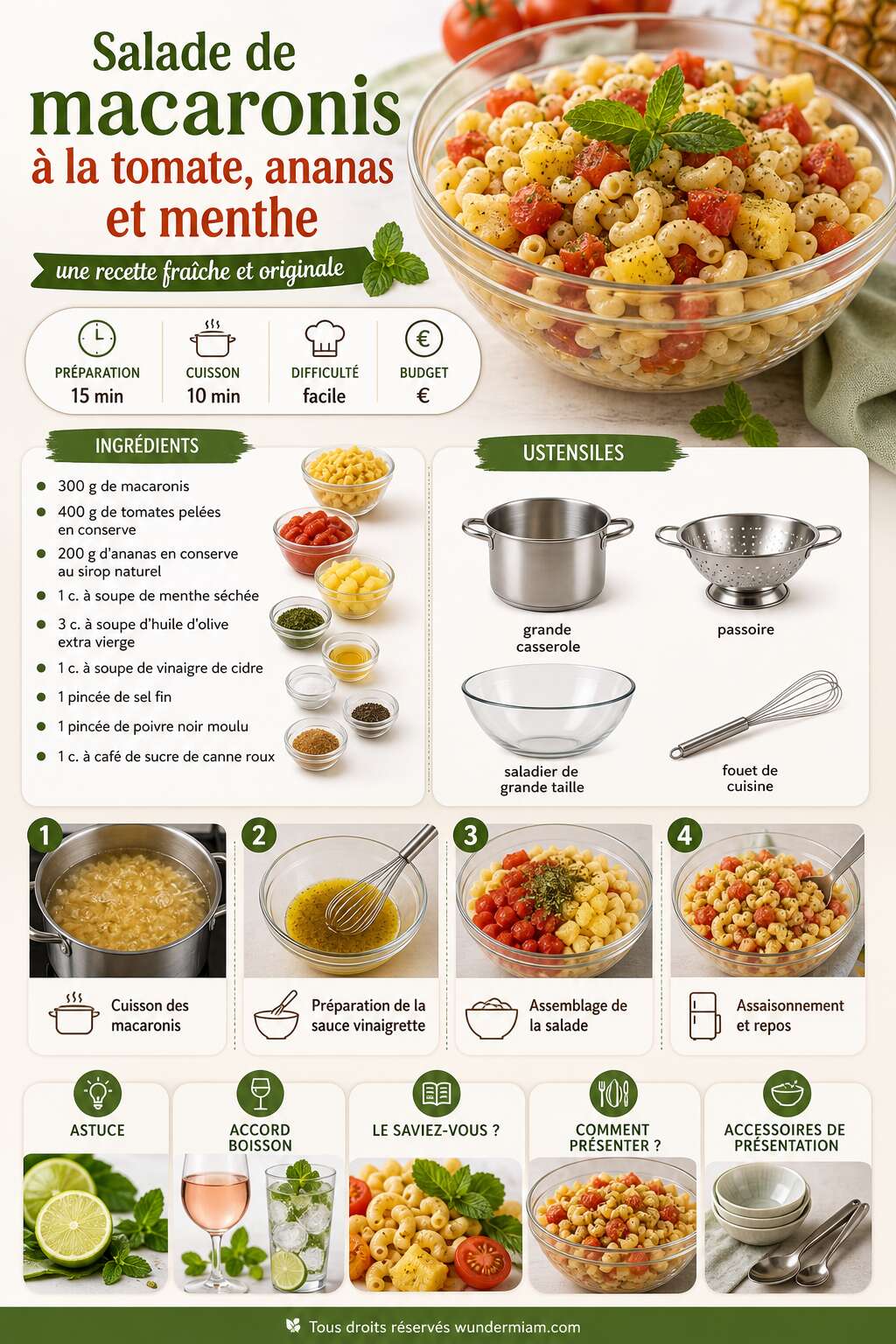 Fiche recette Salade de macaronis &agrave; la tomate, ananas et menthe : une recette fra&icirc;che et originale