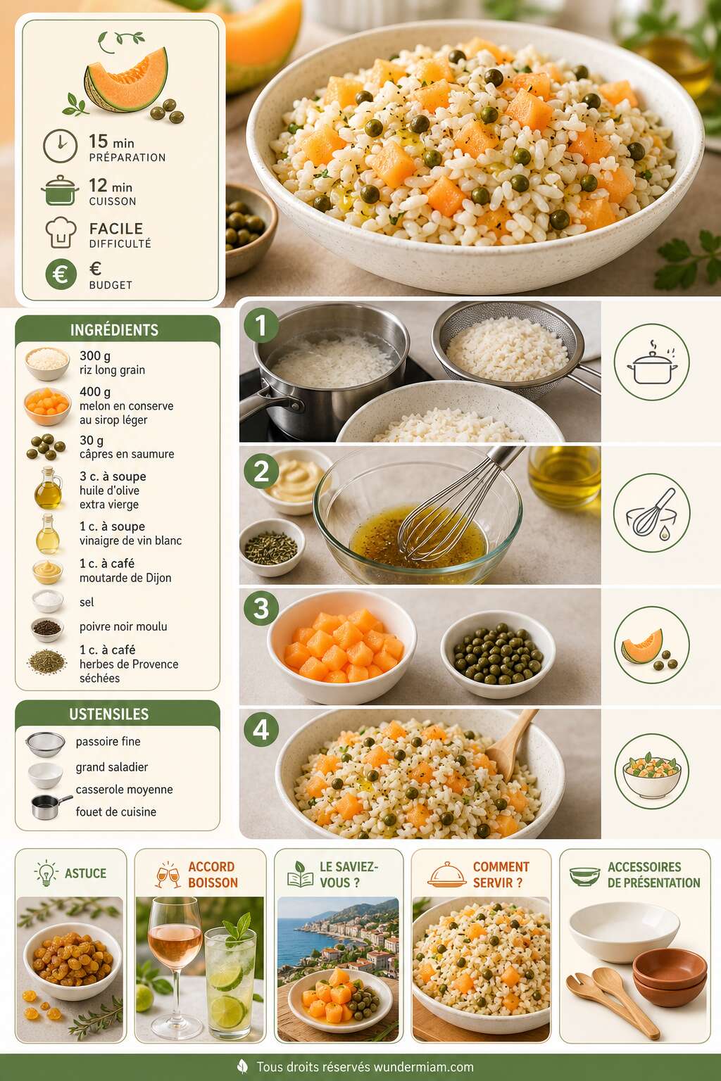 Fiche recette Recette de salade de riz express au melon et c&acirc;pres