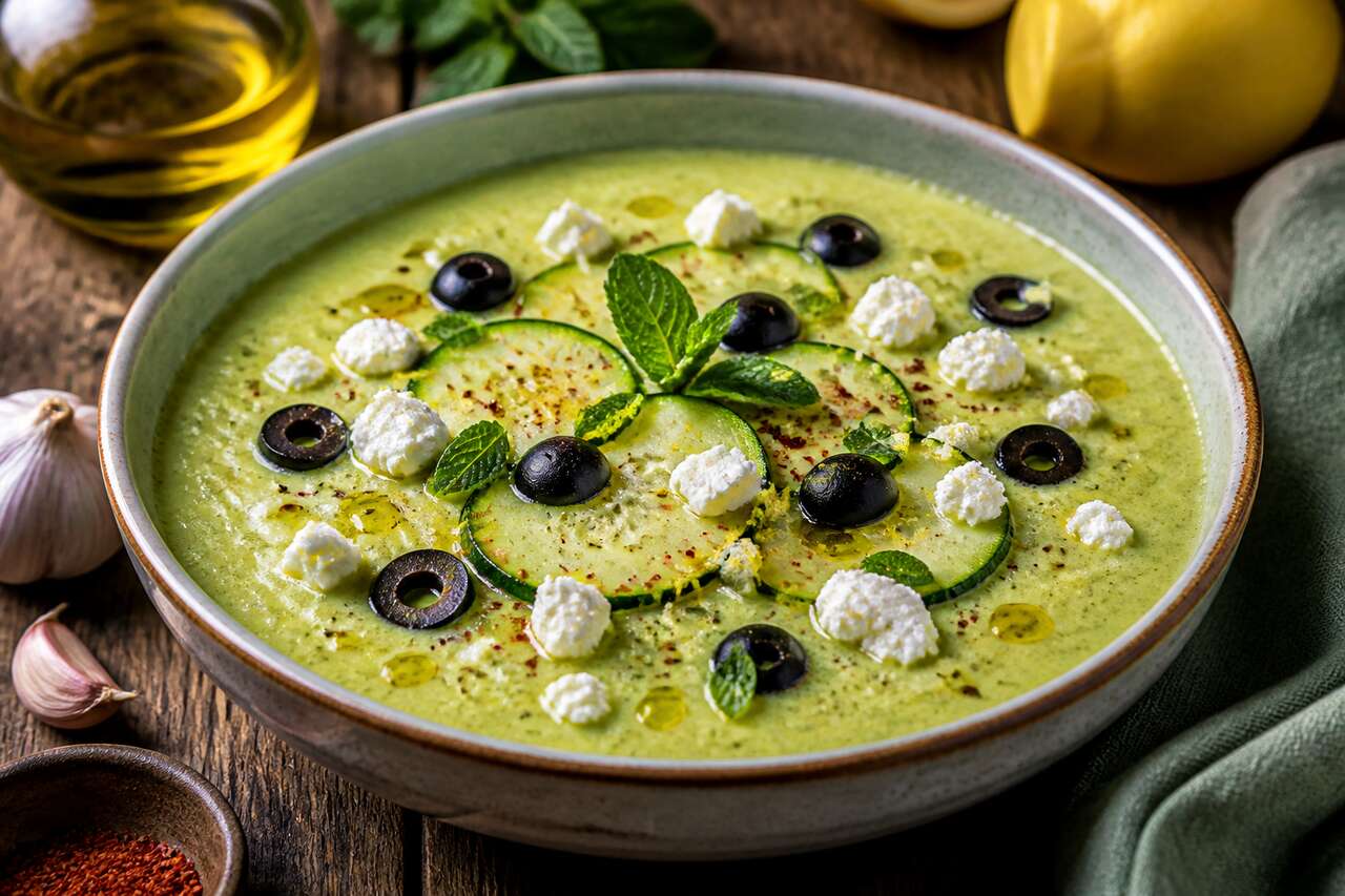 Recette de soupe glacée de courgettes au chèvre frais et olives noires