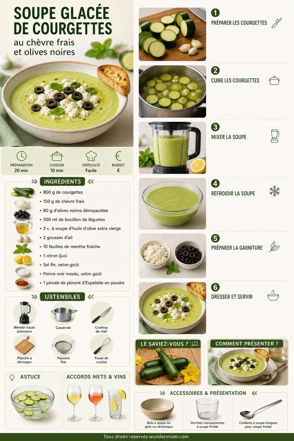 Fiche recette Recette de soupe glac&eacute;e de courgettes au ch&egrave;vre frais et olives noires