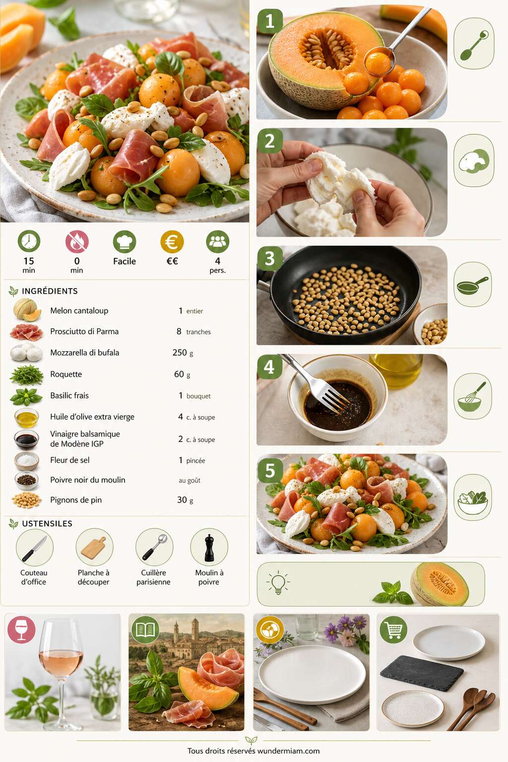 Fiche recette Recette de salade estivale au melon, prosciutto et mozzarella