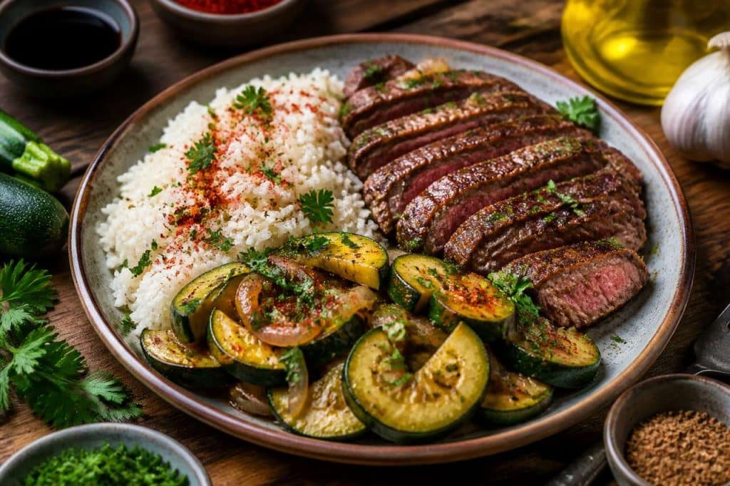 Recette de poêlée de courgettes, riz et steak haché maison