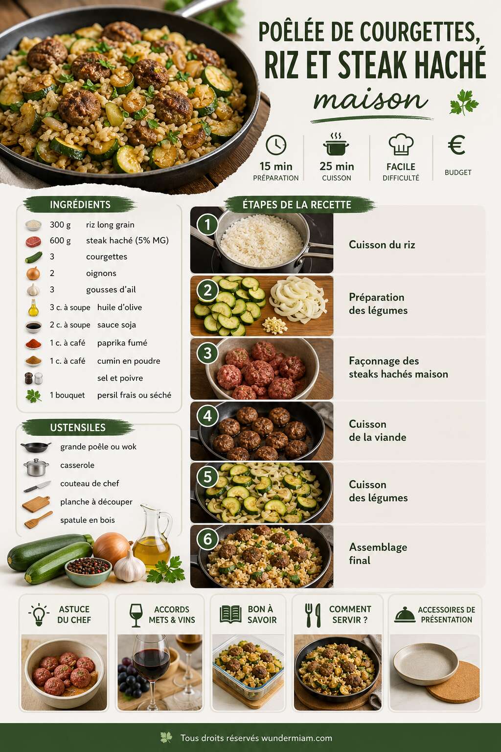 Fiche recette Recette de poêlée de courgettes, riz et steak haché maison Fiche recette Recette de poêlée de courgettes, riz et steak haché maison