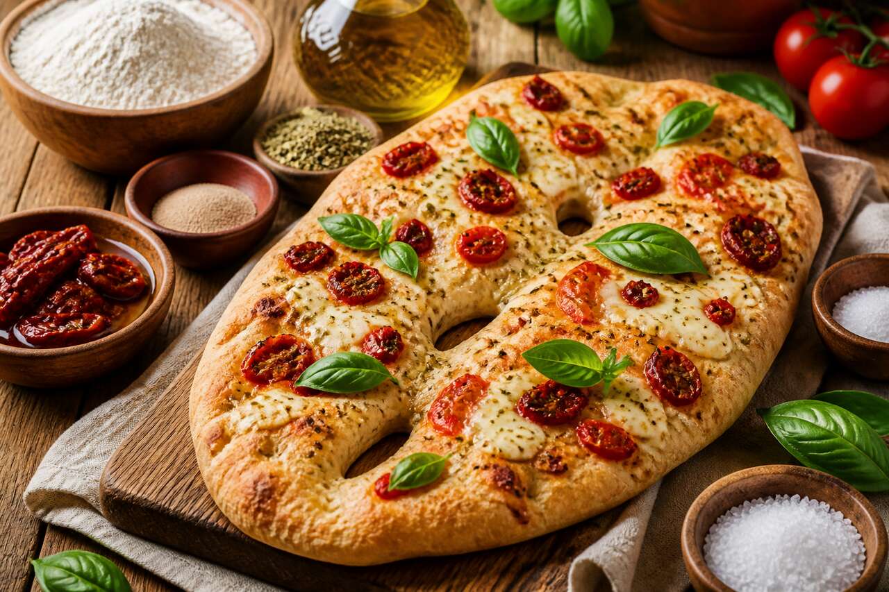 Recette de fougasse tomate, mozzarella et basilic