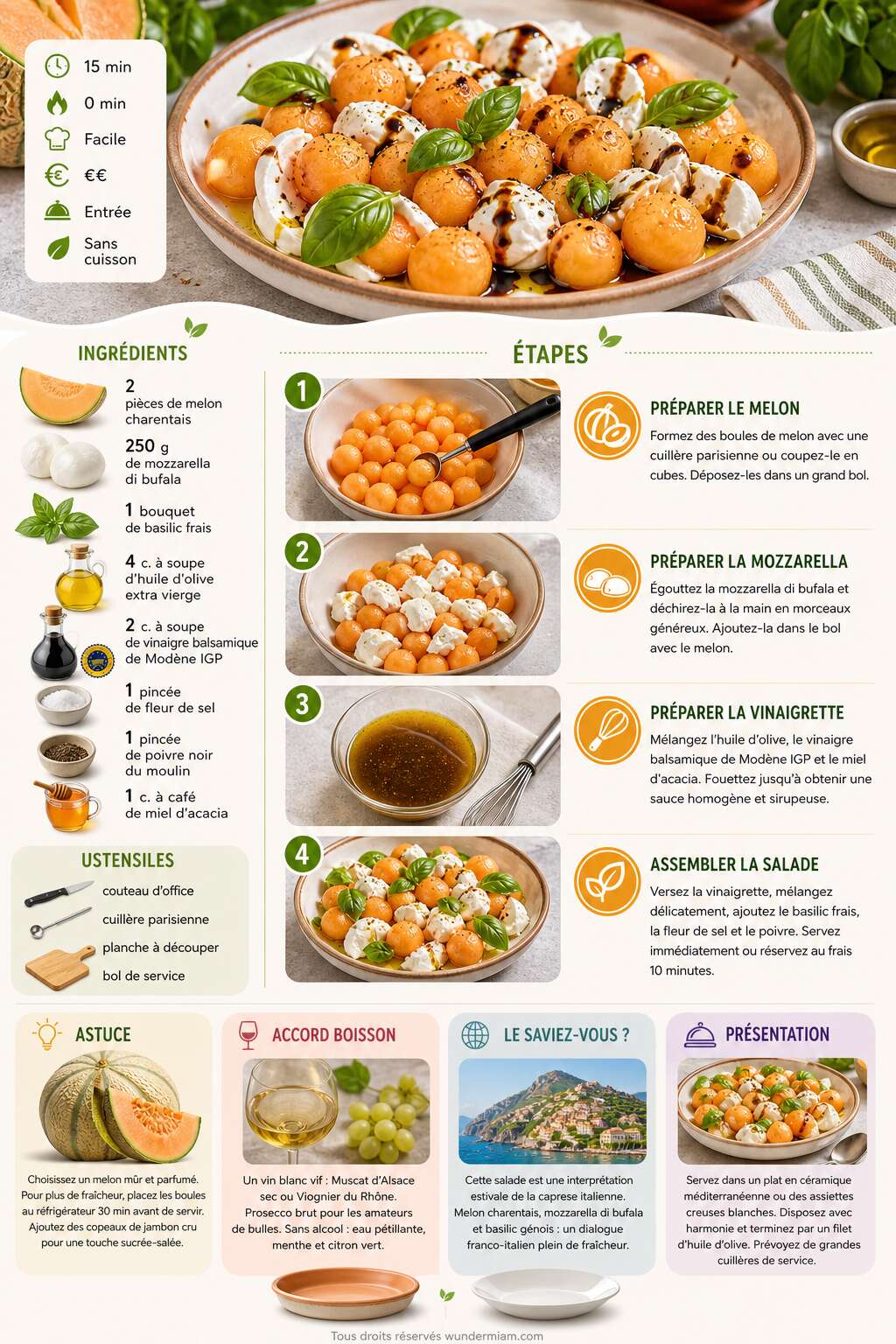 Fiche recette Recette de salade de melon, mozzarella et basilic : fra&icirc;cheur garantie