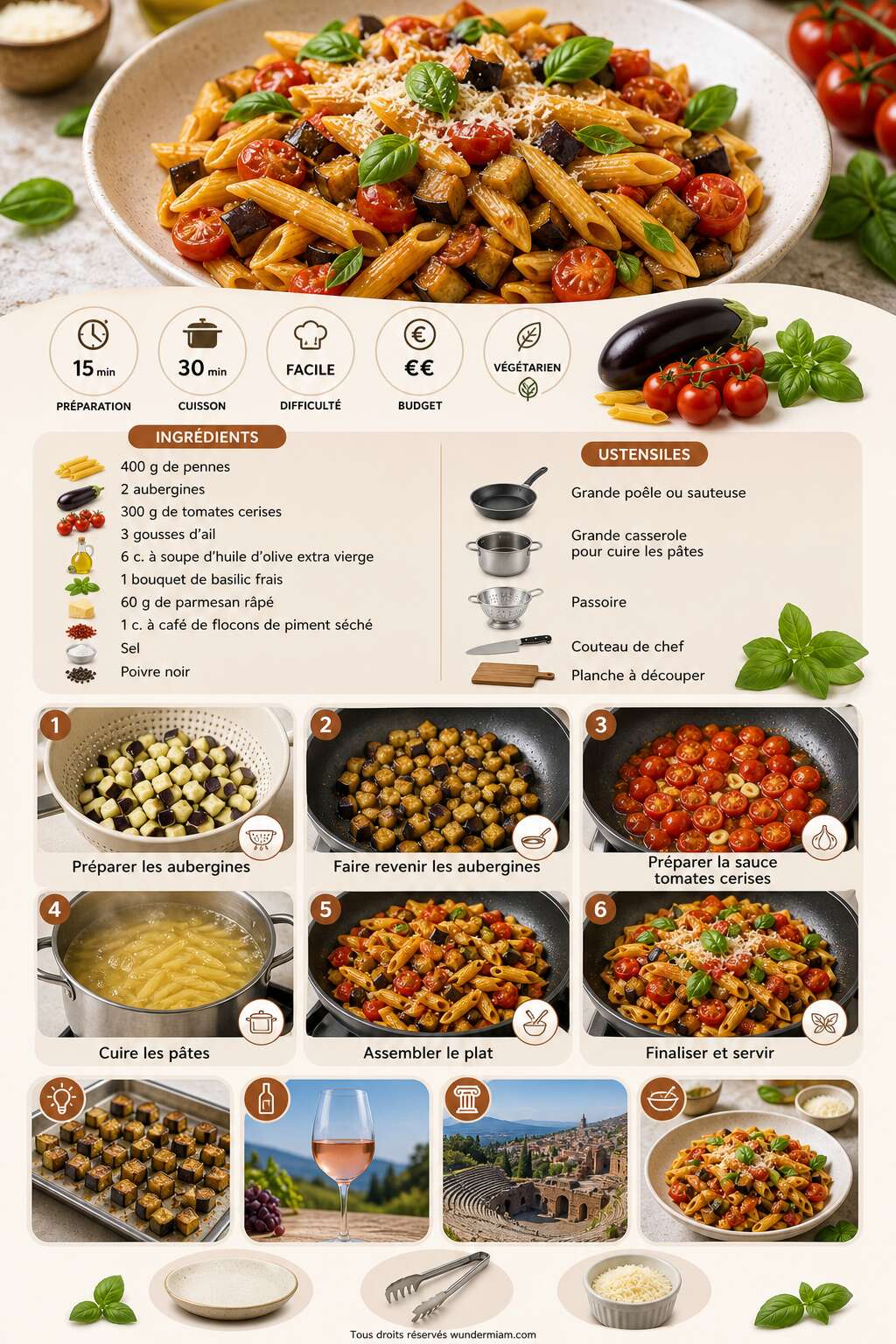 Fiche recette Recette de pennes aux aubergines et tomates cerises