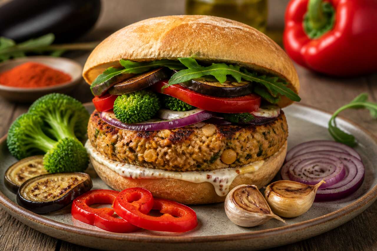 Recette de veggie burger revisité à l'aubergine, poivron et brocoli
