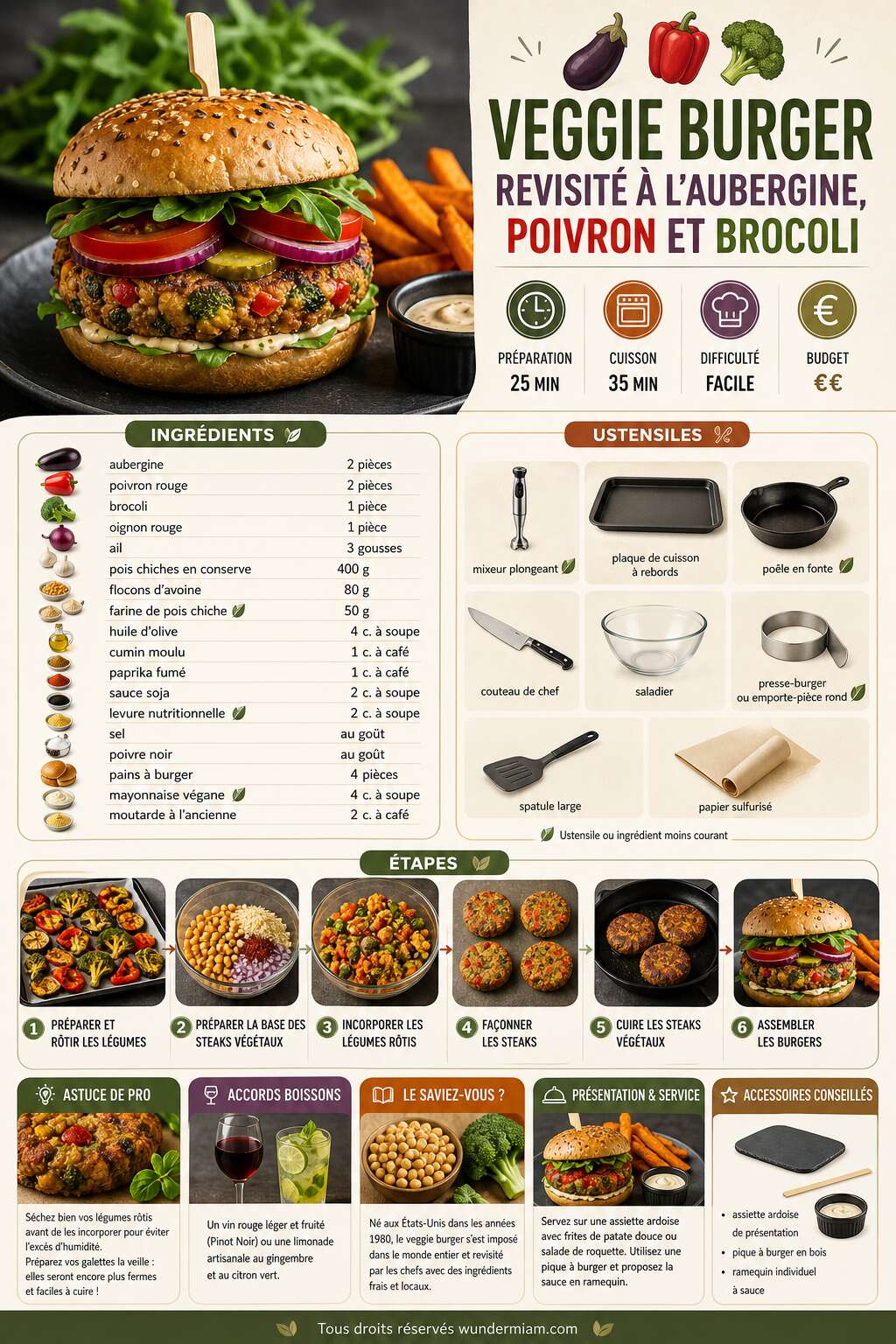Fiche recette Recette de veggie burger revisité à l'aubergine, poivron et brocoli Fiche recette Recette de veggie burger revisité à l'aubergine, poivron et brocoli