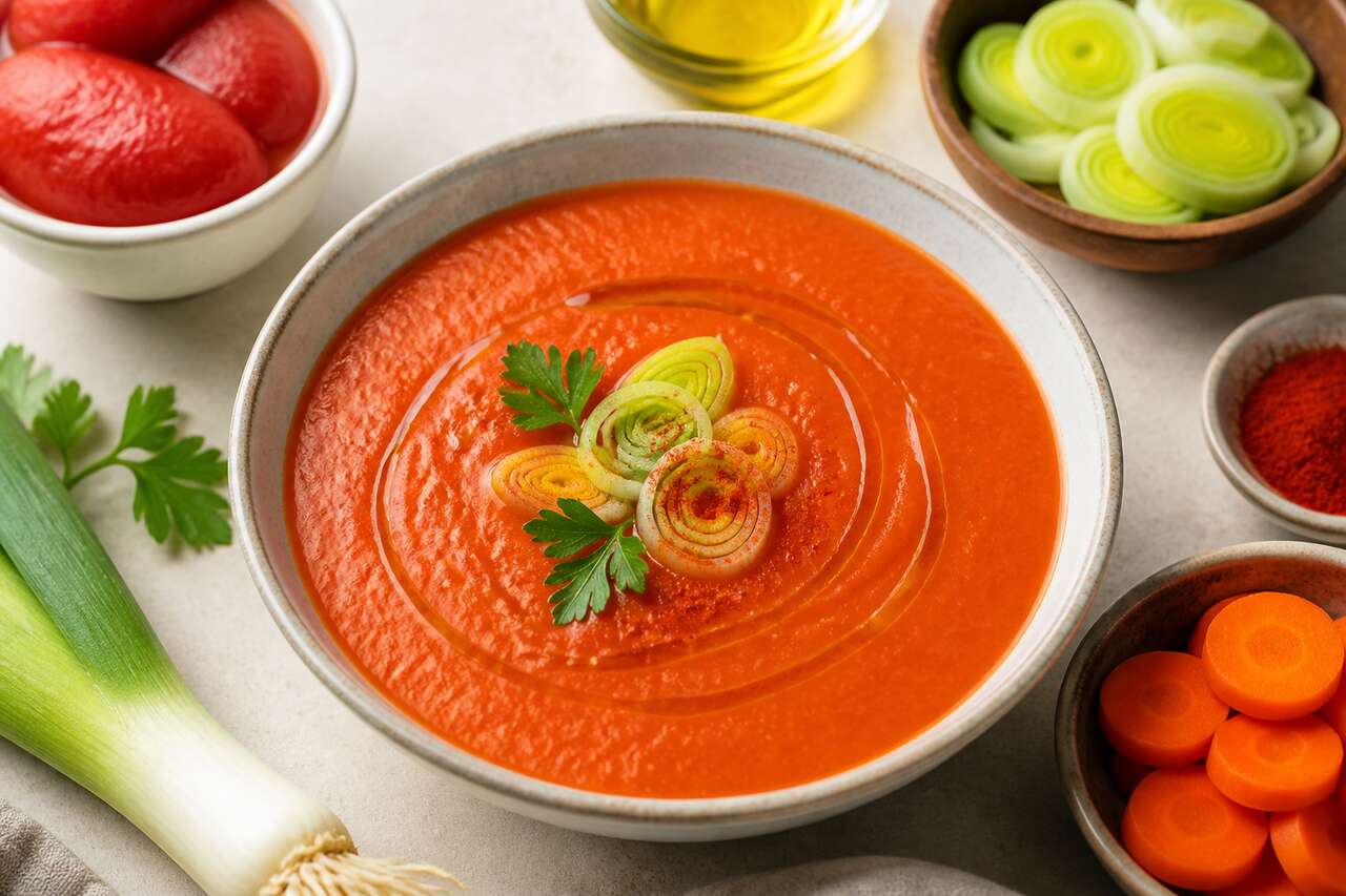Recette de gaspacho de tomates, carottes et poireaux