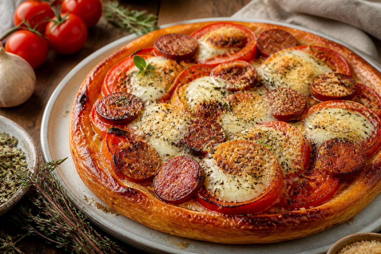 Recette de tarte tatin aux tomates, saucisse et mozzarella