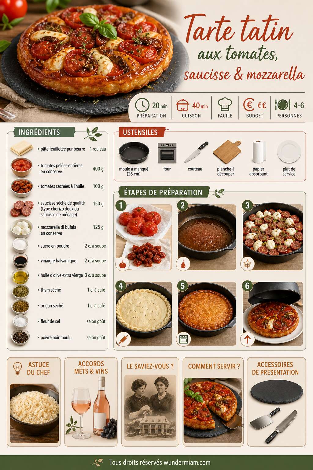 Fiche recette Recette de tarte tatin aux tomates, saucisse et mozzarella