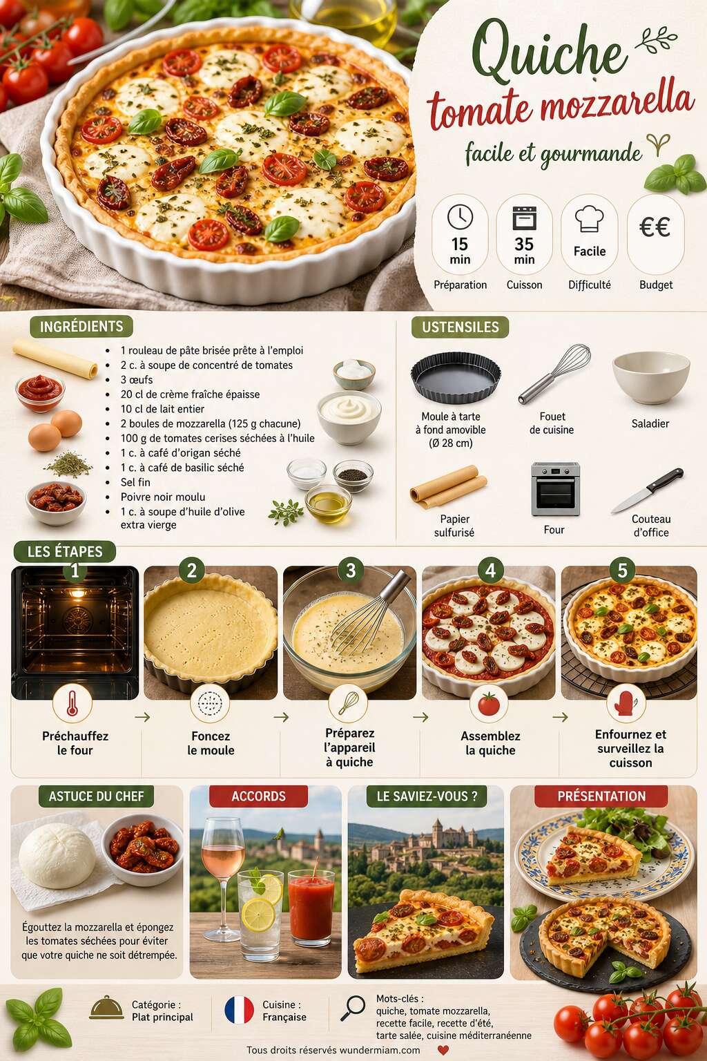 Fiche recette Recette de quiche tomate mozzarella facile et gourmande