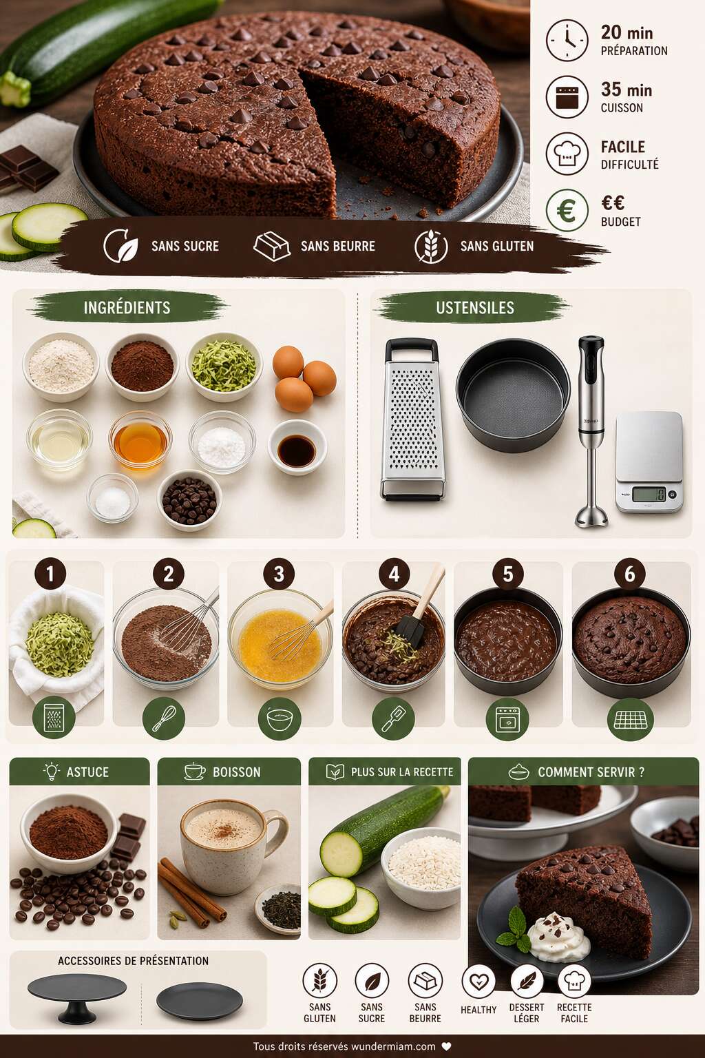 Fiche recette Recette du gâteau au chocolat sans sucre, sans beurre et sans gluten à la courgette Fiche recette Recette du gâteau au chocolat sans sucre, sans beurre et sans gluten à la courgette