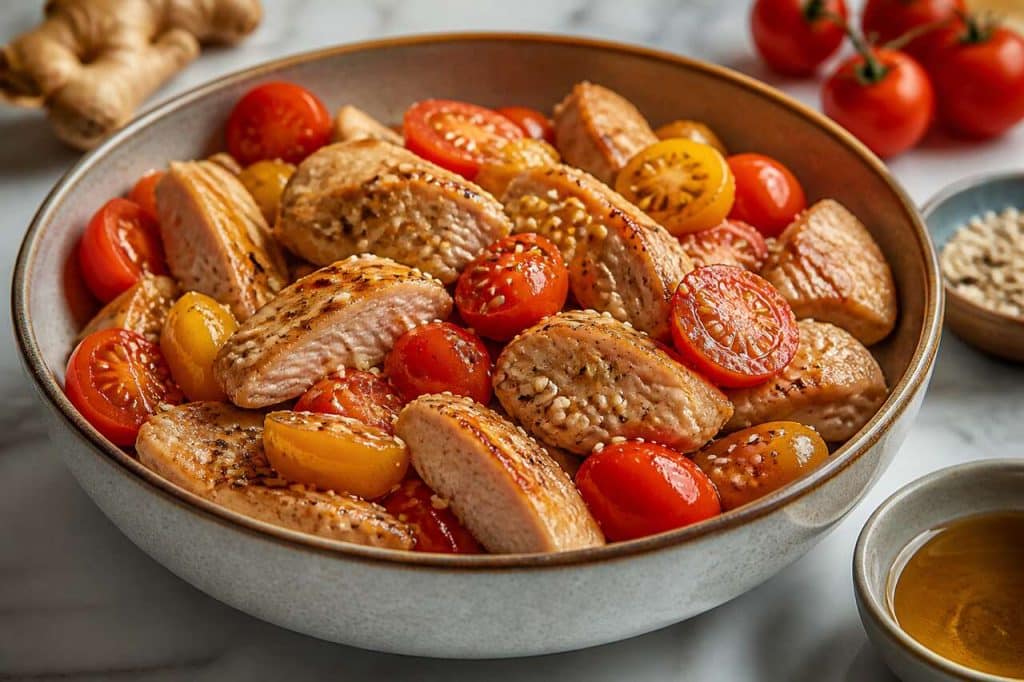 Recette de salade de tomates et poulet relevée au gingembre