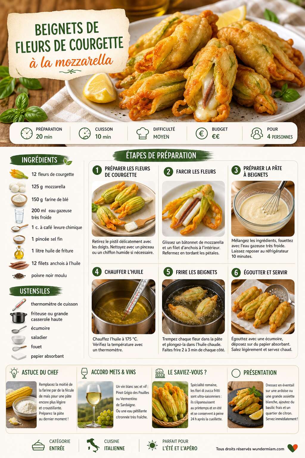 Fiche recette Recette de beignets de fleurs de courgette &agrave; la mozzarella