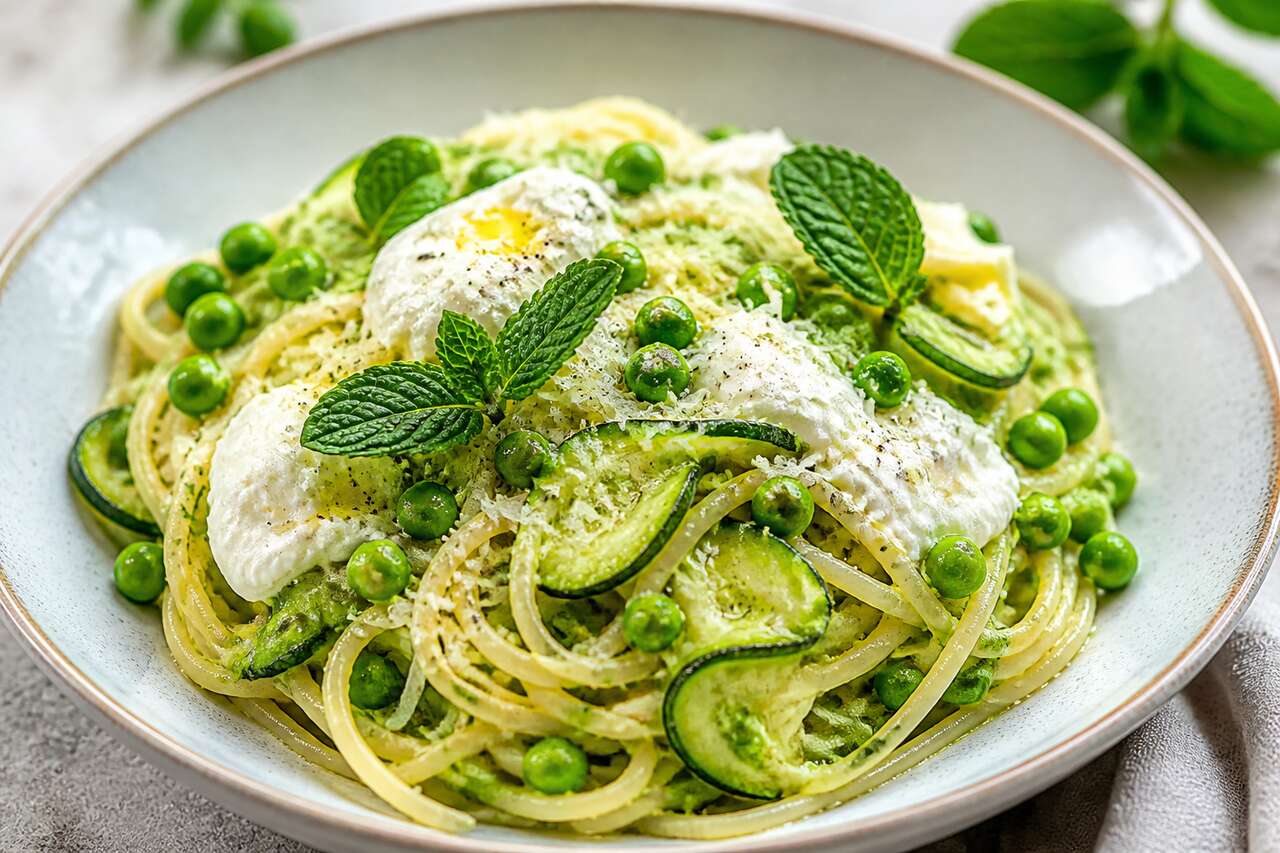 Recette de spaghettis aux petits pois, courgette et fromage frais