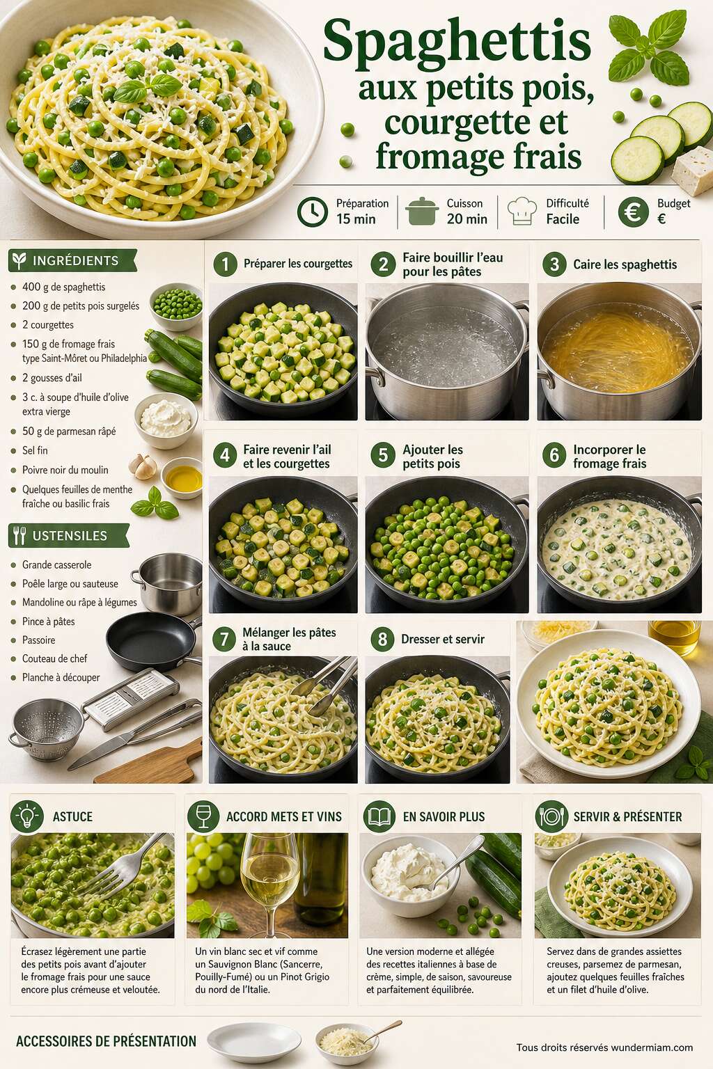 Fiche recette Recette de spaghettis aux petits pois, courgette et fromage frais