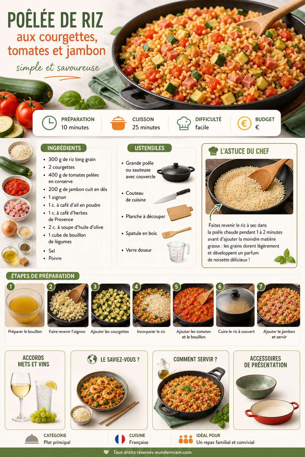 Fiche recette Po&ecirc;l&eacute;e de riz aux courgettes, tomates et jambon : une recette simple et savoureuse