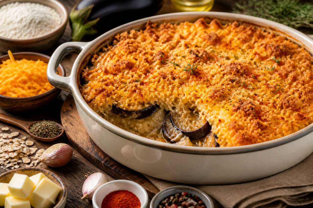 Recette de crumble d'aubergines au cheddar