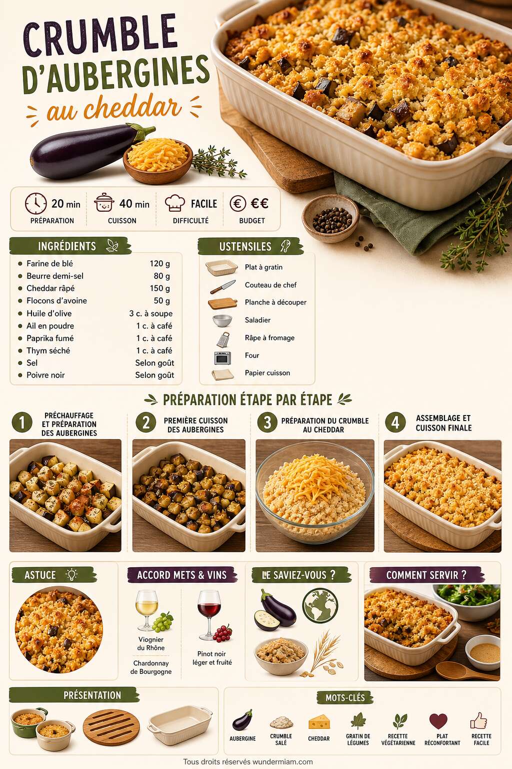 Fiche recette Recette de crumble d'aubergines au cheddar