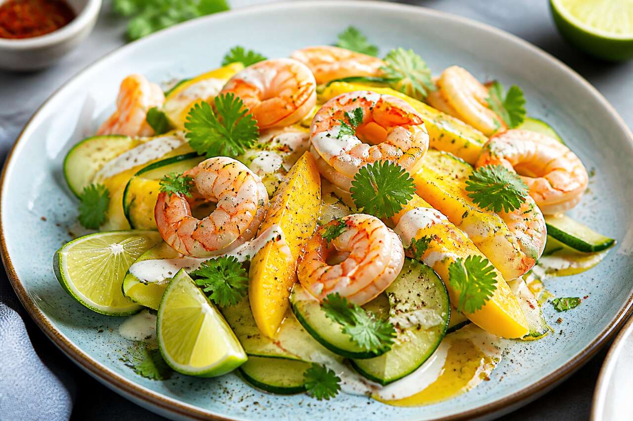 Salade crue de mangue, courgette et crevettes au curry : une recette fraîche et savoureuse