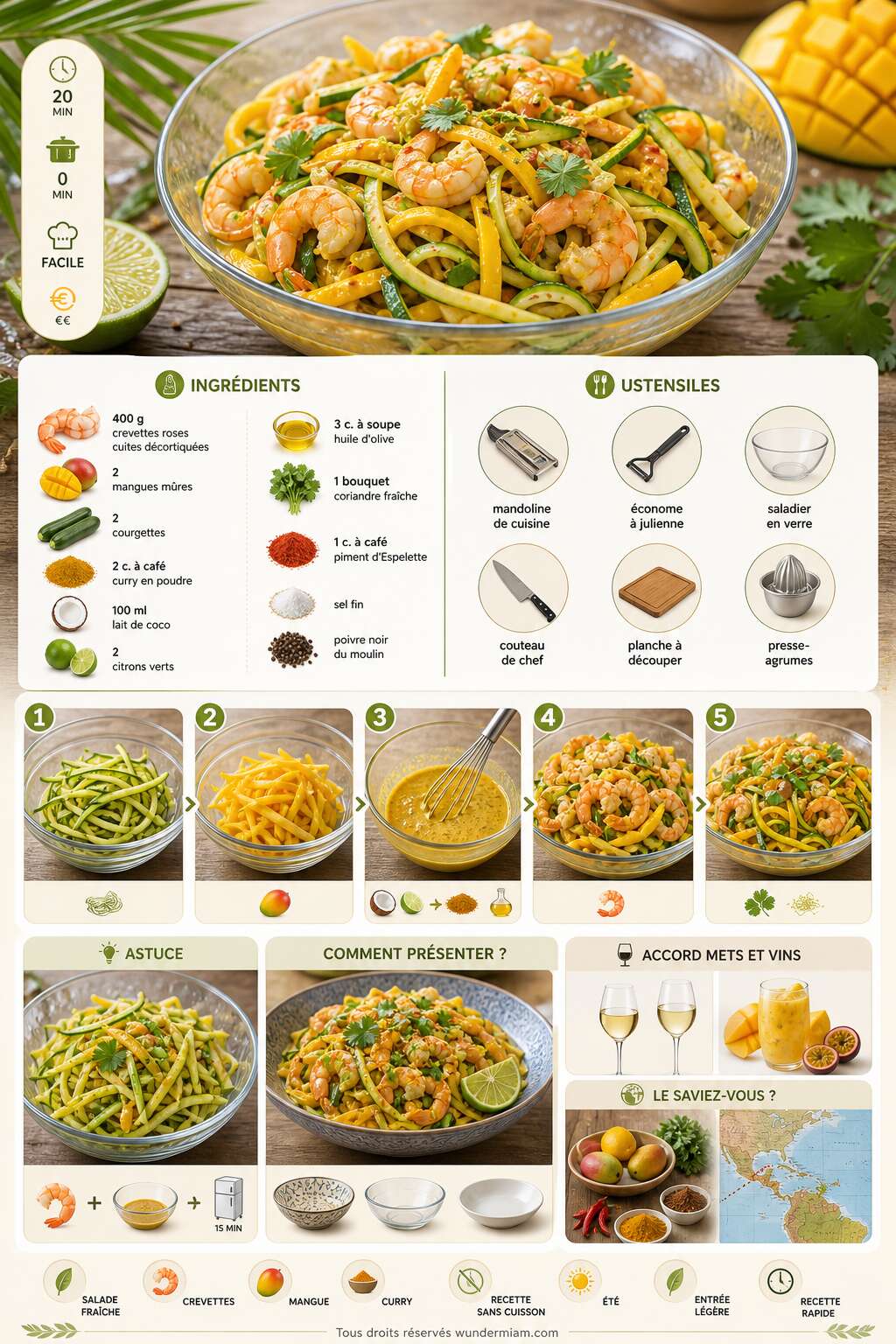 Fiche recette Salade crue de mangue, courgette et crevettes au curry : une recette fraîche et savoureuse Fiche recette Salade crue de mangue, courgette et crevettes au curry : une recette fraîche et savoureuse