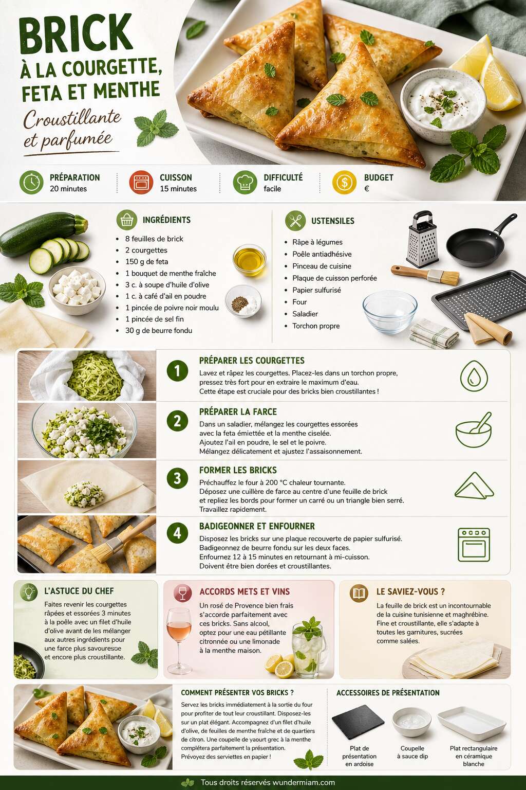 Fiche recette Brick à la courgette, feta et menthe : une recette croustillante et parfumée Fiche recette Brick à la courgette, feta et menthe : une recette croustillante et parfumée