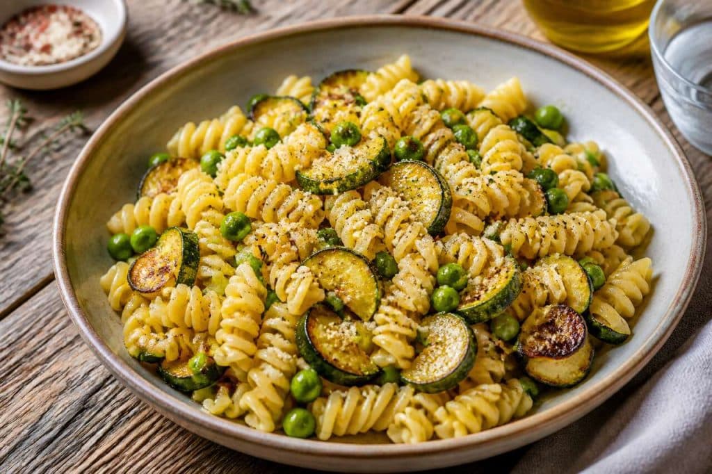 Recette de fusilli aux courgettes, thym et petits pois
