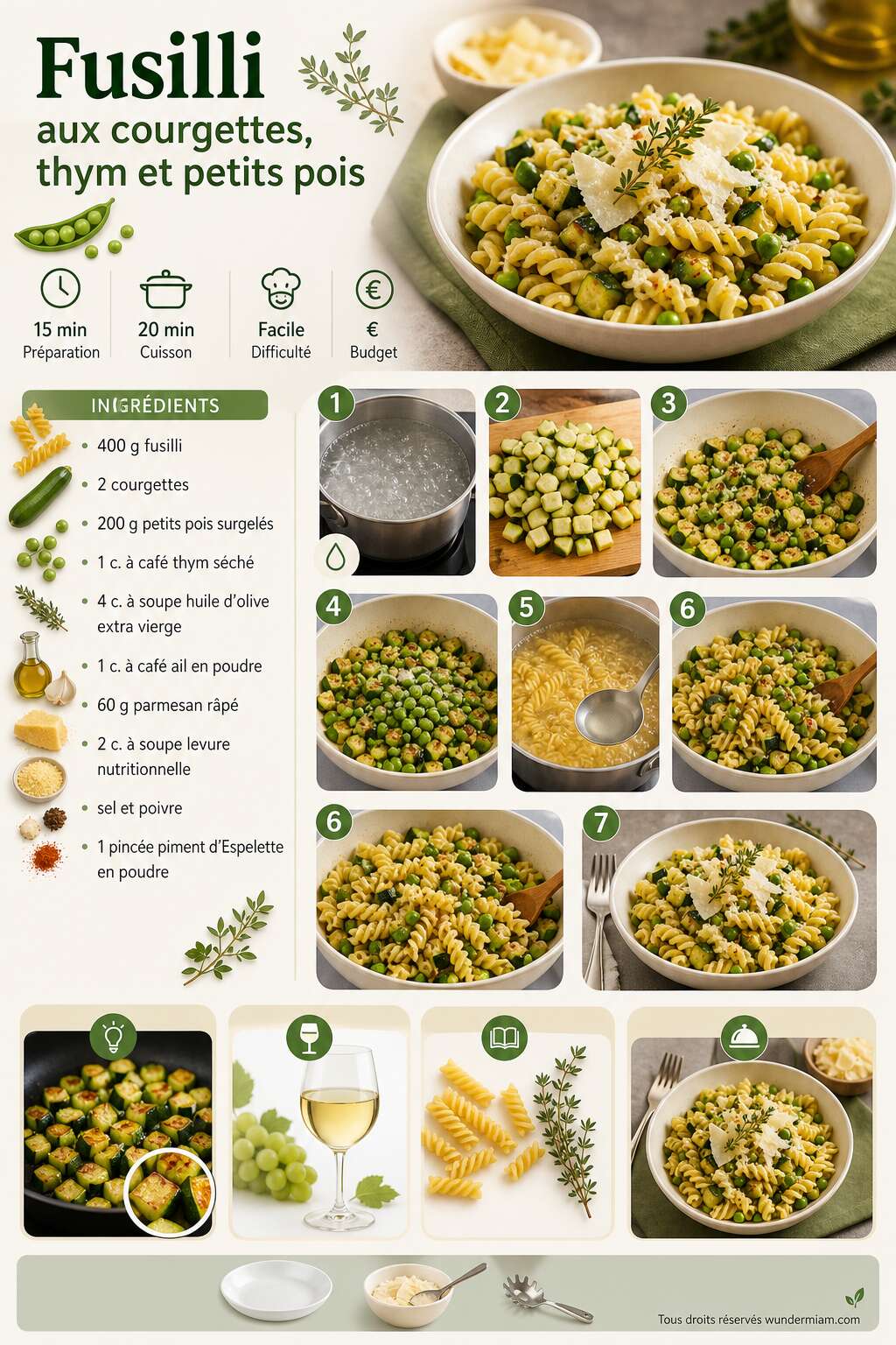 Fiche recette Recette de fusilli aux courgettes, thym et petits pois
