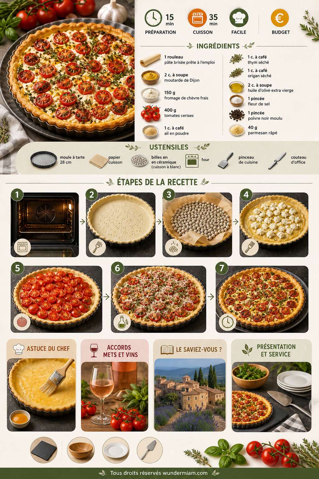 Fiche recette Tarte aux tomates cerises, ail et fines herbes : la recette facile et savoureuse Fiche recette Tarte aux tomates cerises, ail et fines herbes : la recette facile et savoureuse