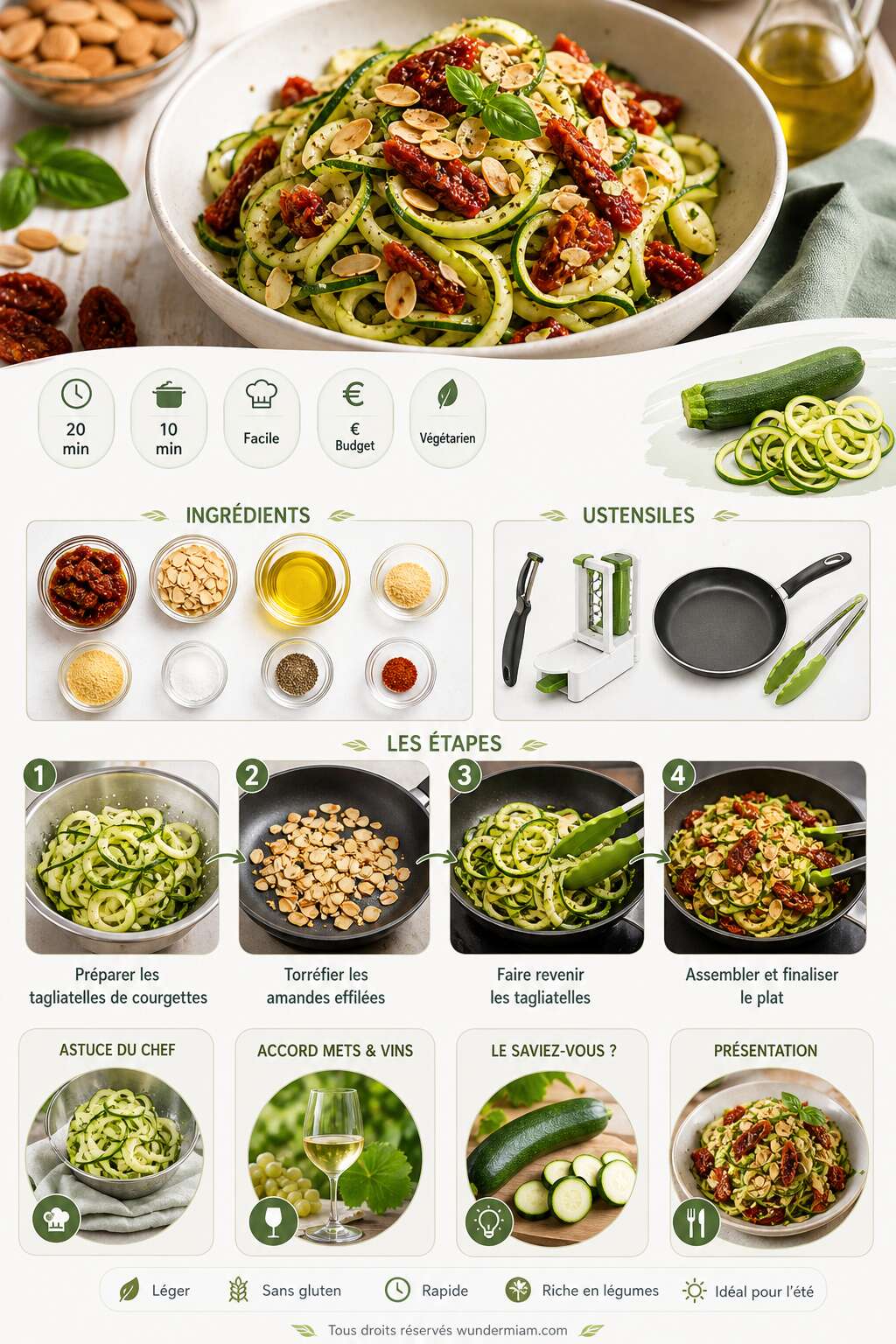 Fiche recette Tagliatelles de courgettes aux amandes et tomates séchées : une recette légère et gourmande Fiche recette Tagliatelles de courgettes aux amandes et tomates séchées : une recette légère et gourmande